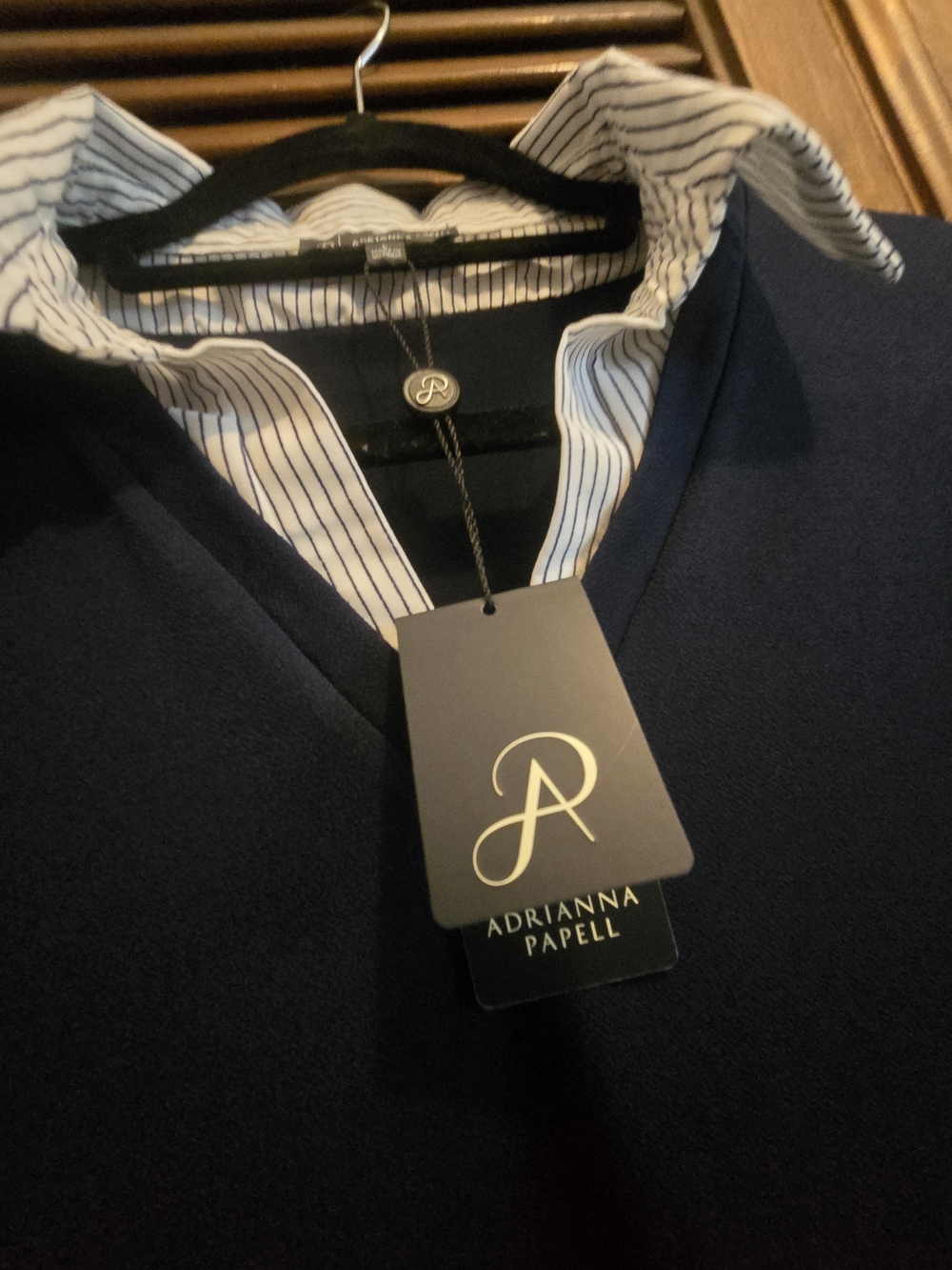 Adrianna Papell Navy Layered V-Neck Sweater Vest with Striped Shirt - Picture 2 of 4